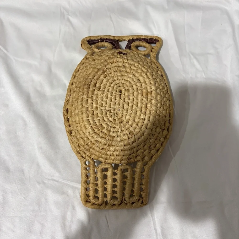 Vintage Mid Century Owl Wicker Basket Wall Hanging Boho Decor Rattan 11